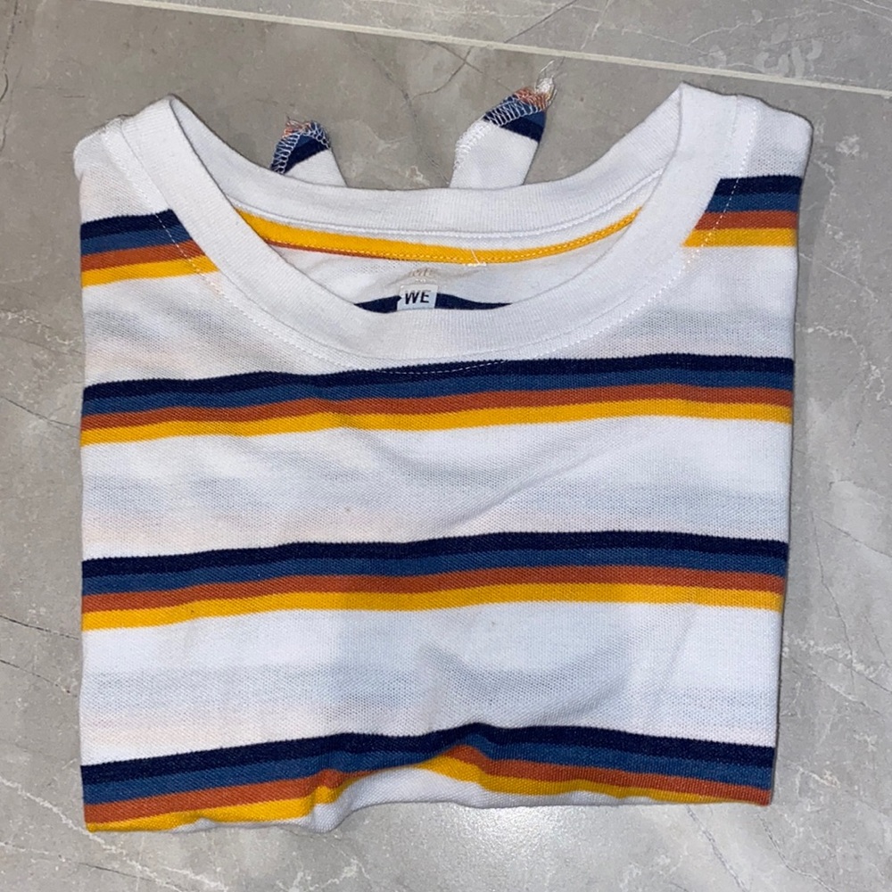 me to we blue orange yellow striped cropped tshirt